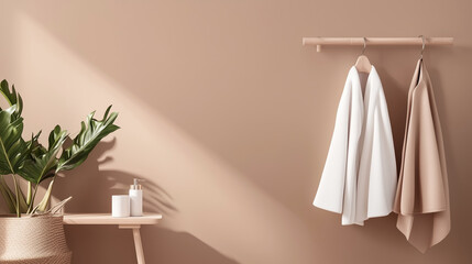 Cozy interior featuring minimalistic decor with draped towels and natural elements in a soothing setting