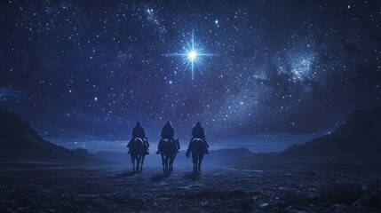 Obraz premium The silhouettes of three wise men on horseback, crossing a picture