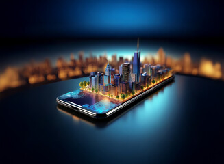 A miniature metropolis brightly illuminates a smartphone screen, symbolizing the convergence of technology and urban life.  The background subtly suggests a larger city.
