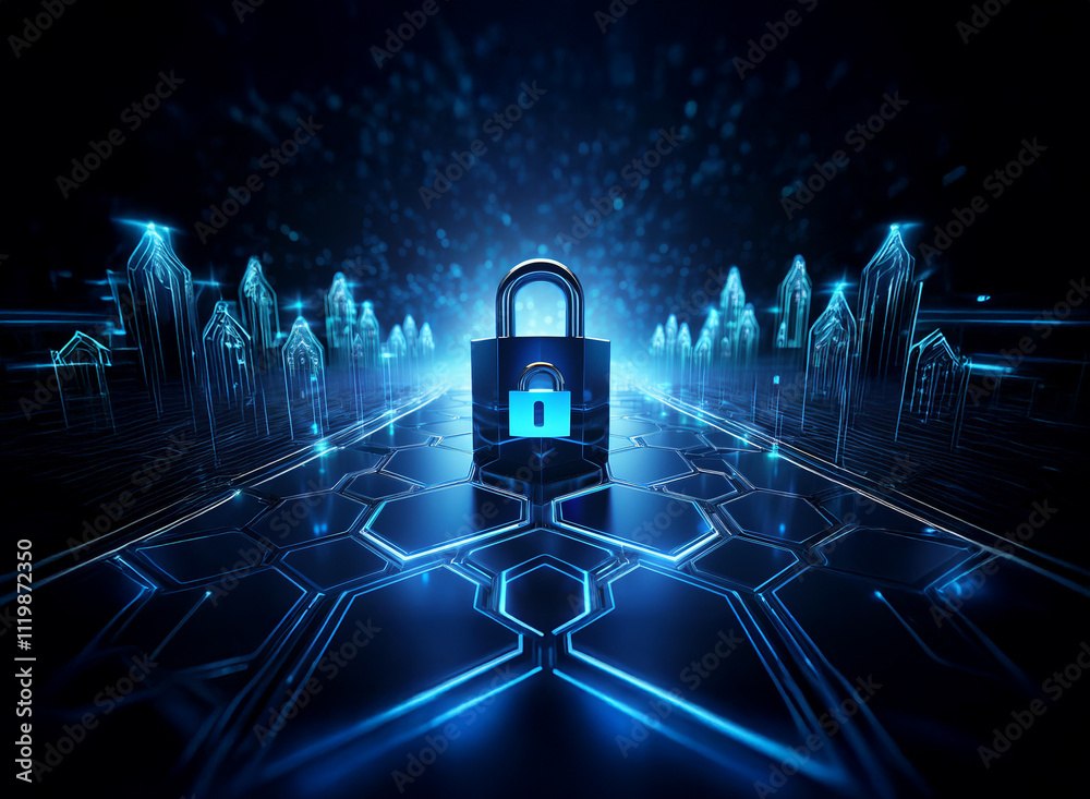Poster a digital padlock sits on a glowing, hexagonal pathway, surrounded by upward-trending digital citysc