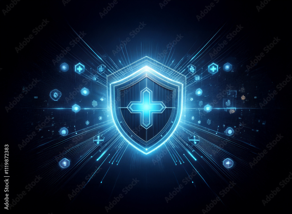 Leinwandbilder a glowing blue digital shield with a cross at its center, surrounded by radiating light streaks and 