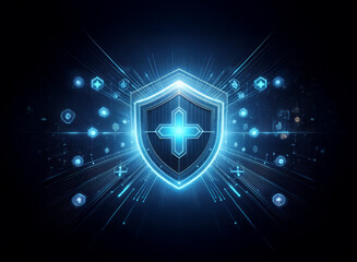 A glowing blue digital shield with a cross at its center, surrounded by radiating light streaks and data points.  This symbolizes digital protection and security.