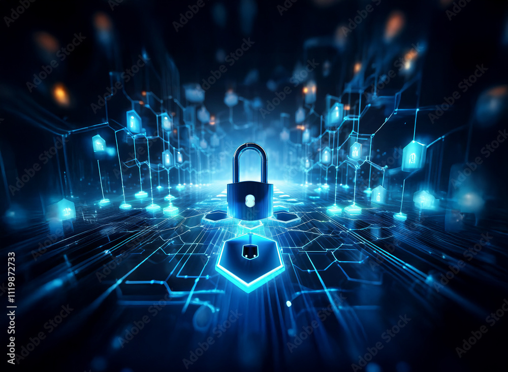 Aufkleber A glowing blue padlock sits at the center of a digital network, symbolizing cybersecurity and data protection within a complex system.  The image conveys technological security and protection of infor