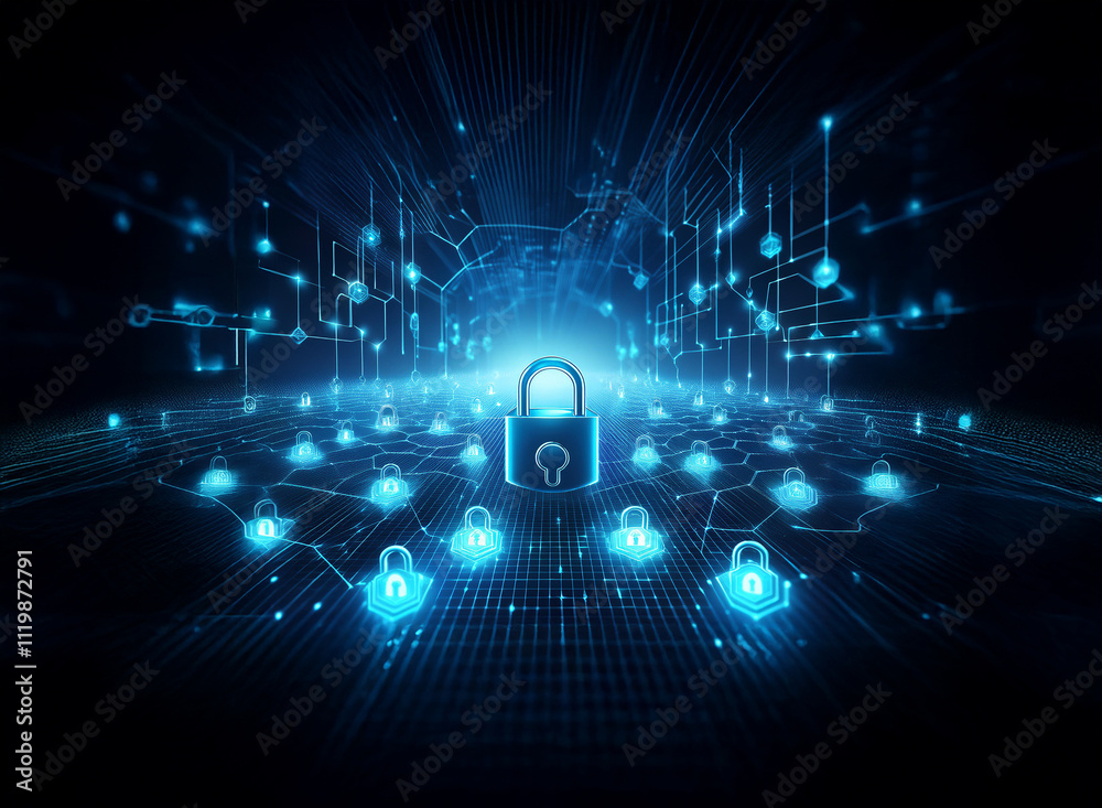 Aufkleber a glowing padlock sits at the center of a network, symbolizing global cybersecurity and data protect