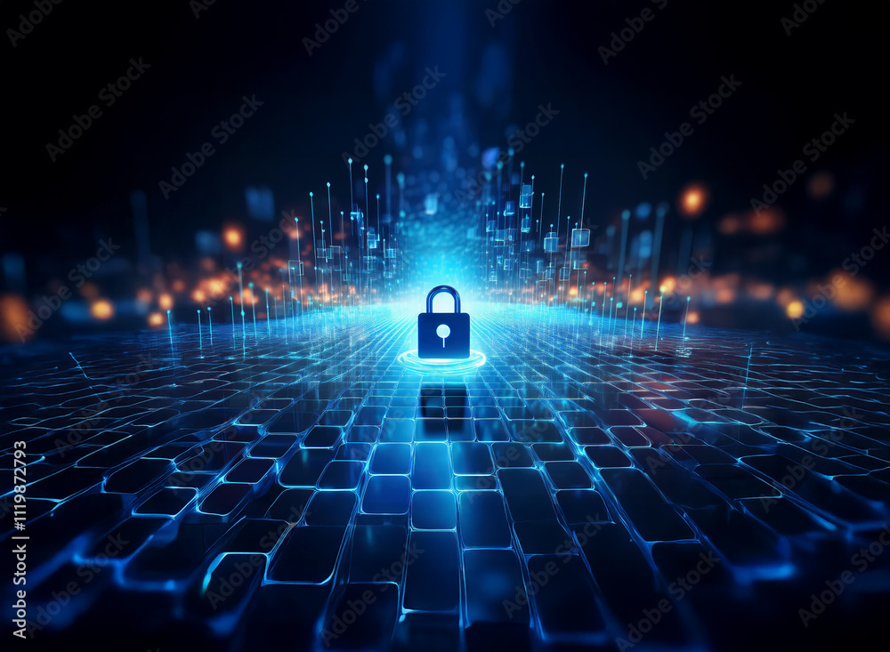 Aufkleber A glowing blue padlock sits at the center of a digital landscape, symbolizing cybersecurity and data protection in a futuristic, abstract setting.  The image evokes a sense of security and technologic