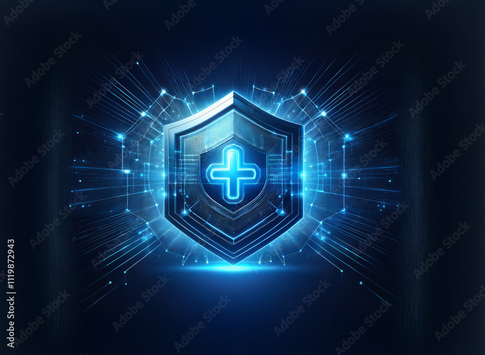 Poster a glowing blue shield with a cross at its center, surrounded by a digital network effect, symbolizes