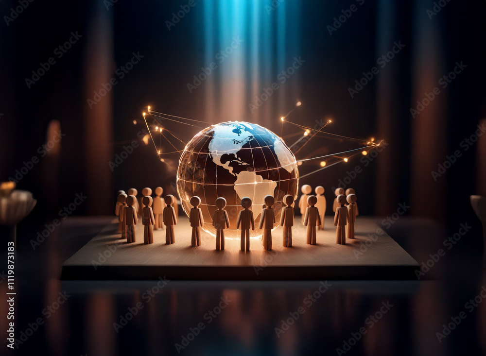 Aufkleber a glowing earth encircled by interconnected nodes, surrounded by a ring of small figures on a dark p
