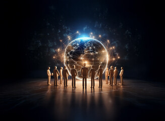 A glowing Earth encircled by a network of connections, observed by a circle of figures, symbolizes global collaboration and interconnectedness.