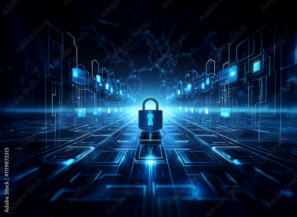 Aufkleber A digital security concept: a padlock sits at the center of a glowing, abstract network of data pathways.  Cybersecurity is crucial.