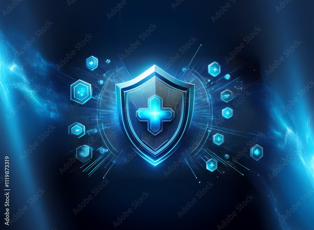 Poster a glowing blue shield, emblazoned with a cross, is surrounded by futuristic hexagonal elements and e