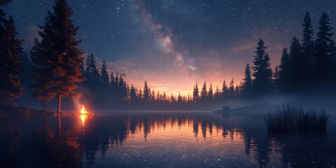 Fototapeta premium Serene Night Lake Milky Way Campfire Pine Trees Nature
