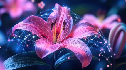 A vibrant pink lily with digital effects and droplets, showcasing nature's beauty.