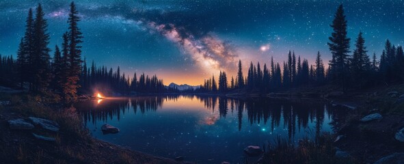 Fototapeta premium Serene Night Lake Milky Way Galaxy Campfire Stars Forest Reflection