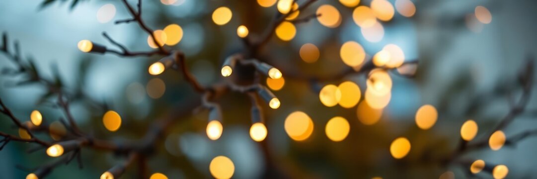 A beautiful, warm, and inviting image of fairy lights glowing in the dark, perfect for holiday-themed backgrounds and designs.