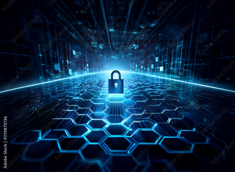 Aufkleber A glowing padlock rests at the center of a futuristic, hexagonal digital landscape.  Lines of data stream towards the viewer, emphasizing the importance of cybersecurity and data protection within the