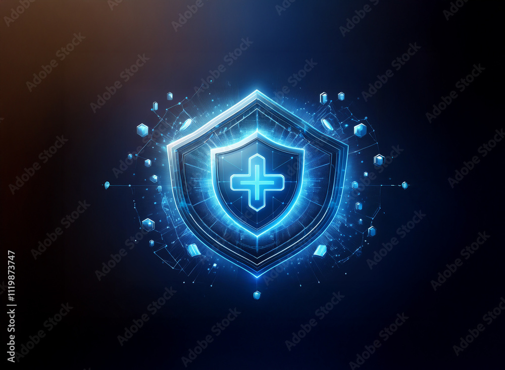 Poster a glowing blue shield with a plus sign at its center, surrounded by digital particles, symbolizes pr