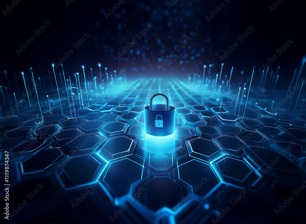 Aufkleber A glowing blue padlock sits at the center of a hexagonal digital landscape, symbolizing cybersecurity and data protection.  The image evokes a sense of security and technological advancement.
