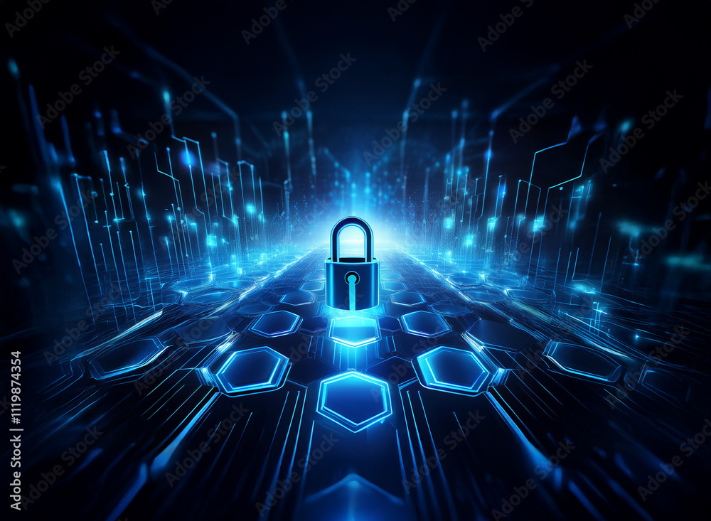 Aufkleber A glowing padlock sits at the center of a digital highway, representing cybersecurity and data protection within a complex network.  Hexagons and circuit lines illuminate the scene.