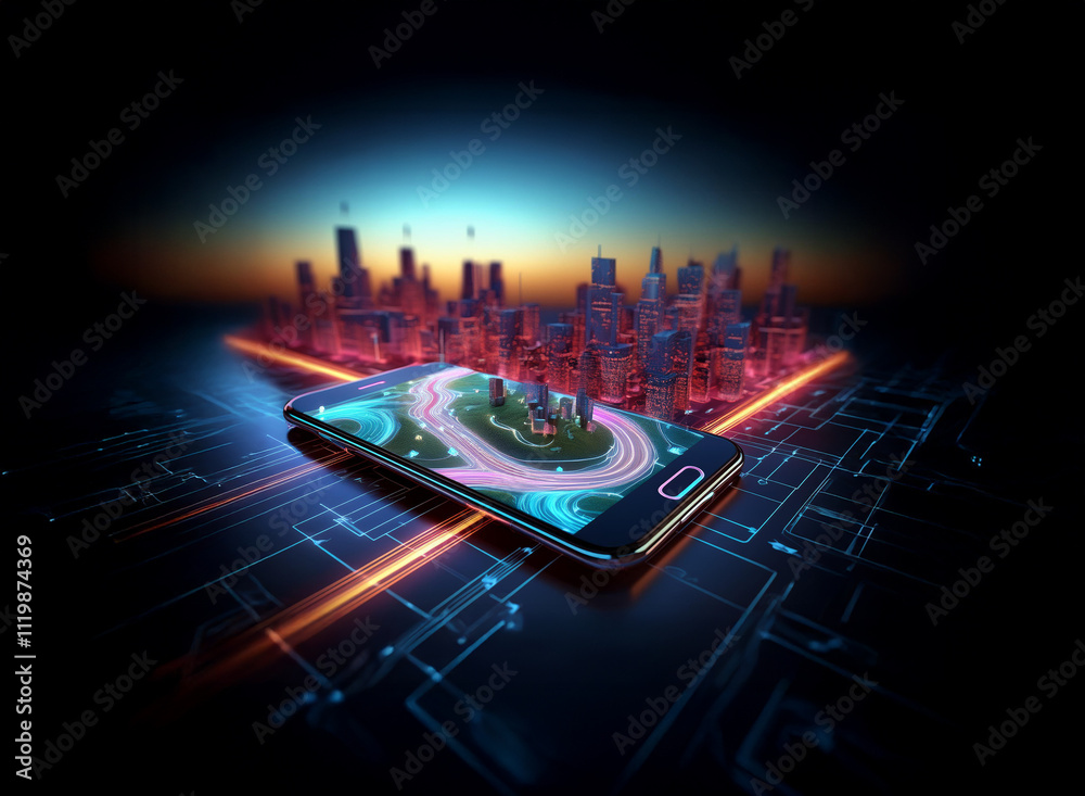 Poster a futuristic city skyline displayed on a smartphone screen, resting on a circuit board, symbolizing 