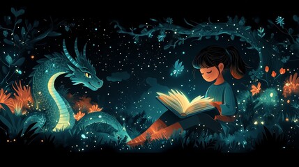 Enchanting night: girl reading with mystical dragon in a magical forest