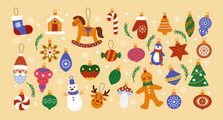 Bauble Christmas tree. Merry Xmas fir decor. Toy figurines. Santa ball. Bell or kids horse. Animal shape. Cute vintage festive decoration of glass. Celebration retro elements. Vector tidy New Year set