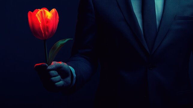A person in a suit holding a glowing red tulip against a dark background.
