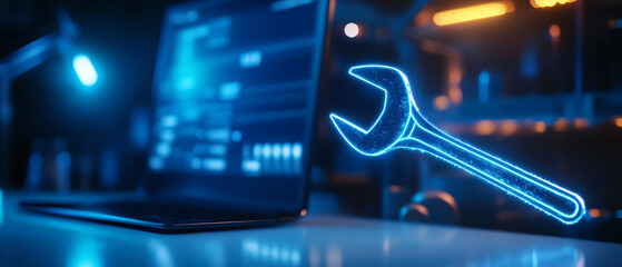 A glowing wrench symbolizes tech support and digital solutions for computers.