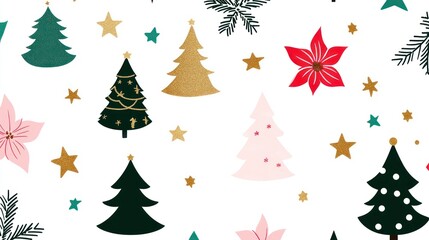 A festive pattern featuring Christmas trees, stars, and flowers in a cheerful design.