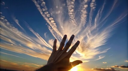 Hand Reaching Towards the Sun Through Cirrus Clouds at Sunset
