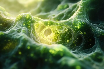 Abstract representation of microscopic cellular structures with glowing elements.