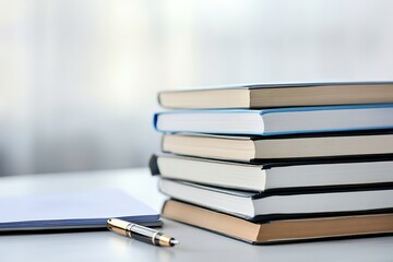 stack of textbooks placed neatly on desk with pen and open notebook beside them