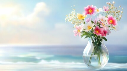 seascape and spring flowers in vase, hello spring, empty space