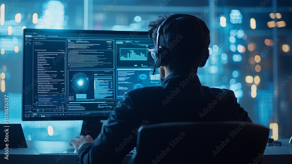 Poster person with headset analyzing ai data on multiple screens in a tech environment.