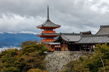 Kyoto iconic view with Red Sanjunoto Pagoda of Kiyomizu-dera Temple.