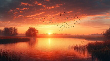 Fototapeta premium Serene Sunrise Over Tranquil Lake with Birds in Flight and Beautiful Reflection of Colors in the Sky and Water at Dawn