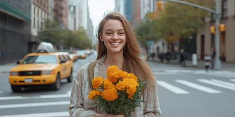 Fototapeta premium A woman is holding a bouquet of flowers on a city street. She is smiling and she is happy