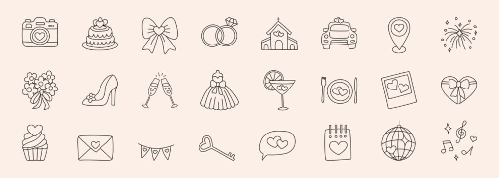Wedding hand drawn doodle icon set - star, sparkle, heart, rings, glasses, car, church, bow, dress, cake, envelope. Sketch vector marriage symbol on white background for decoration invitation, card.