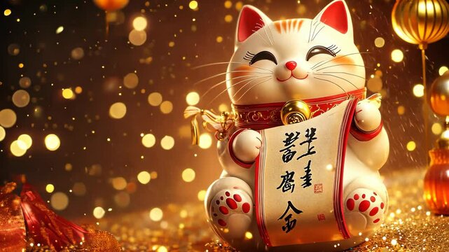 A Maneki-Neko holding a scroll with Chinese calligraphy, picture