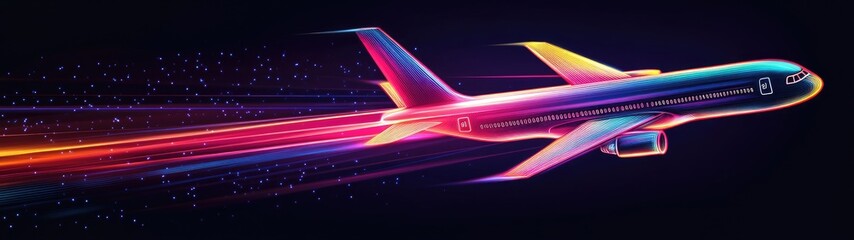 Jet plane in vibrant neon colors speeding through dark space, leaving a colorful light trail.
