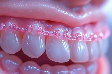 Close-up of a mouth with pink braces on straight teeth.