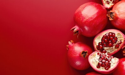 Pomegranates in red background with copy space