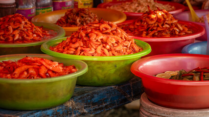 Baskets of boiled shripms at the Kep market in Cambodia