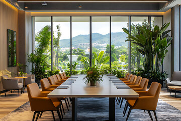 Fototapeta premium Meeting room interior with long table and sofa, panoramic window. Mockup wall