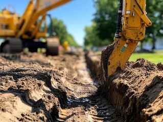 Fototapeta premium Excavation work in urban park heavy machinery at construction site bright day ground level perspective infrastructure development