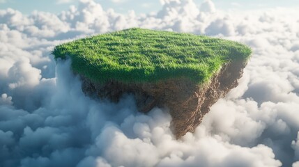 Surreal Floating Island with Lush Green Grass Surrounded by White Fluffy Clouds in a Bright Sky, Evoking Dreamy Landscapes and Fantasy Worlds