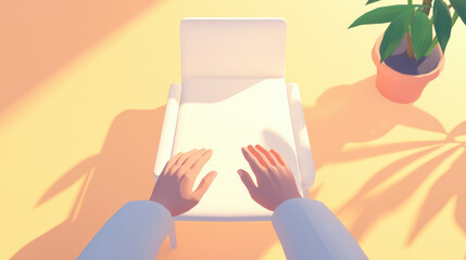 Obraz premium Past Trauma and Therapy or Counseling, A pair of hands rests on a white box against a soft, bright background with a green plant nearby, creating a calm, minimalist atmosphere.