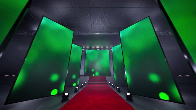 red carpet with green screen leading to an emty stage, event concept