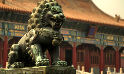 Obraz premium lion statue in front of palace