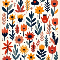 Vibrant Folk Art Style Floral Pattern in Red, Orange and Yellow for Modern Surface Design