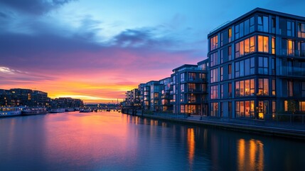 Fototapeta premium Modern Waterfront Buildings at Twilight